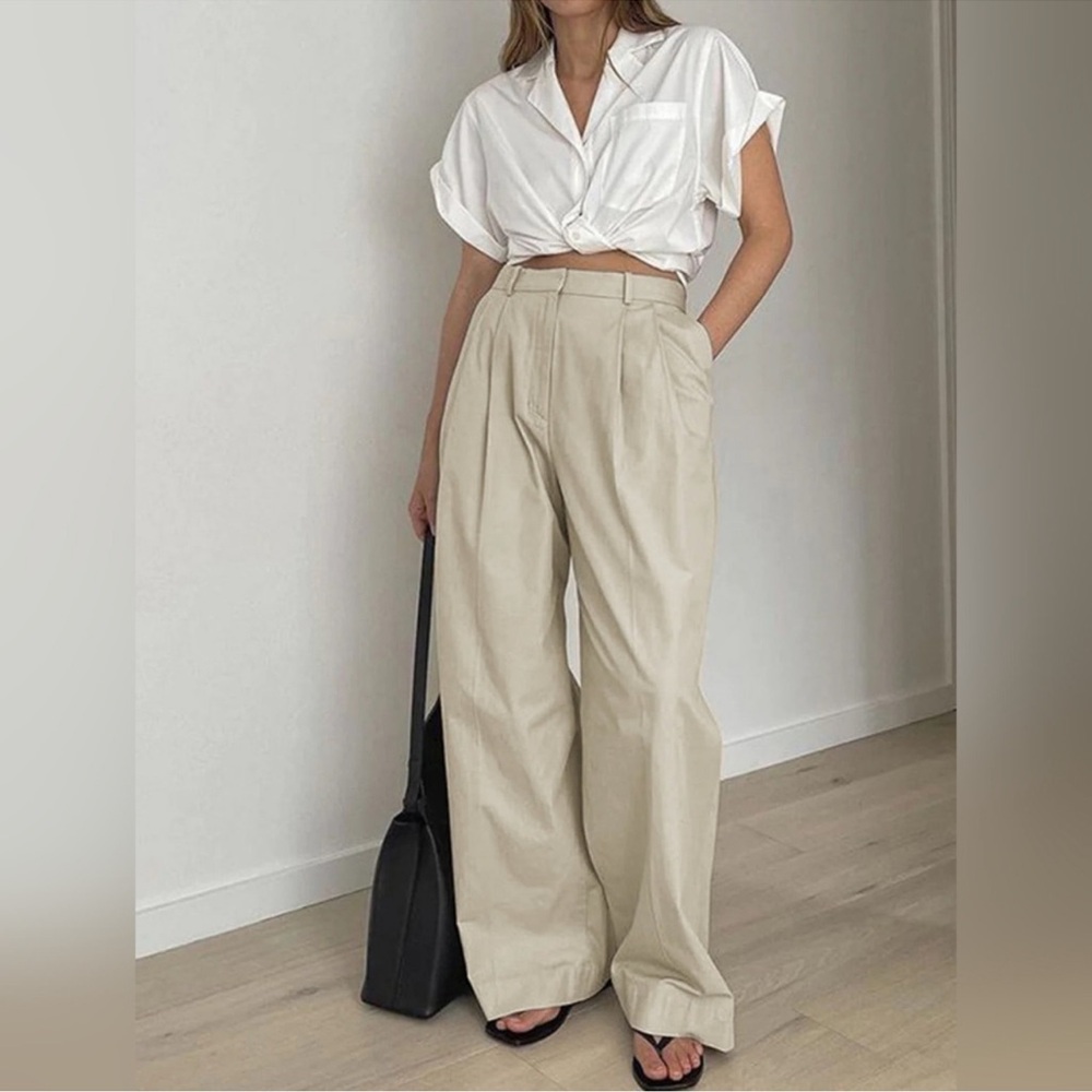 NWT  COS Beige Pleated Tailored Wide Leg Trousers US 4 Cotton Relaxed